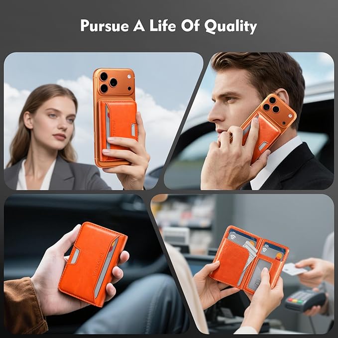 Antsturdy for Magsafe Wallet Stand with Holder,PU Leather RFID Blocking Card Holder,5 Card Slots,Strong Magnet Minimalist Flip Folio Kickstand for iPhone 17/16/15/14/13/12/Pro/Max/Plus/Air,Orange