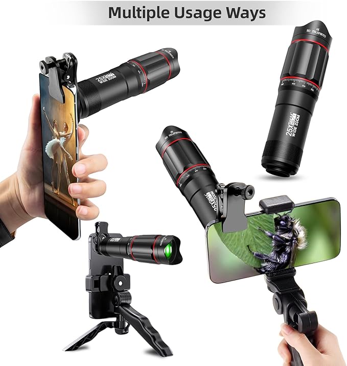 Andoer 25x Macro Telephoto Smartphone Lens Kit with Phone Clip Holder, 25X Telephoto Lens, Black
