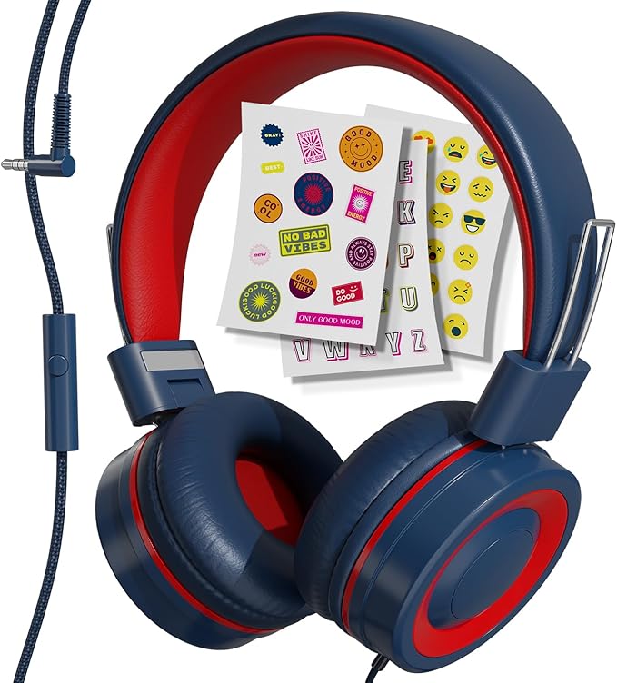 MYZI Kids Headphones with Cord, Foldable Over Ear Headphones for Kids with Microphone, Tangle-Free Wired 85dB Safe Volume Toddler Headphones for iPad, School, and Airplane – Navy