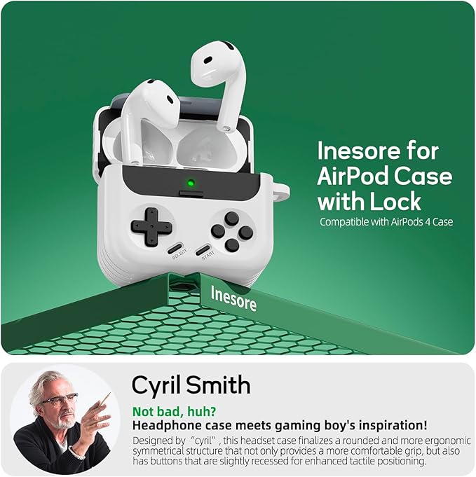 Inesore for Airpods 4 Case with Lock,Compatible with Airpods 4 with Active Noise Cancellation Cases,Classic Cool Funny Game Console Air pods4 Case Cover for Men Boy with Cleaner Kit(White)