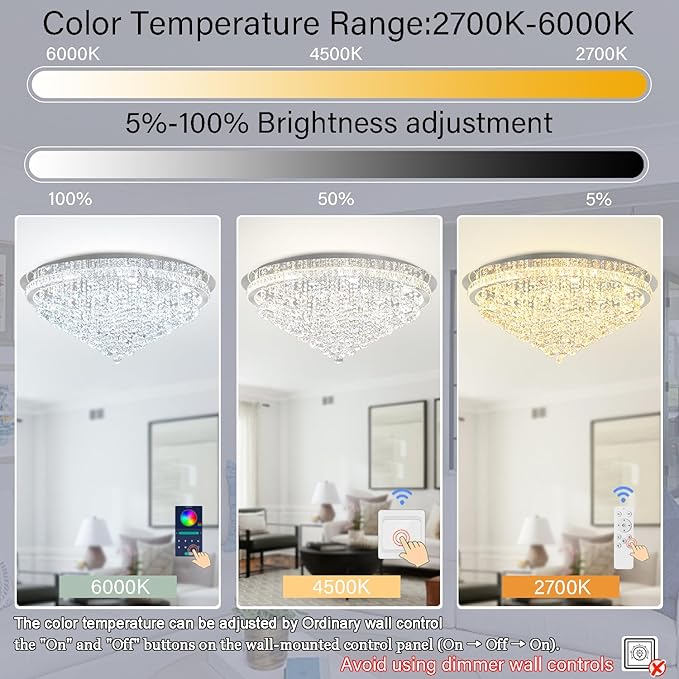 Dia 40" Modern Crystal Chandeliers for Living Room,Silver Large Chandelier Flush Mount Chandeliers for Bedrooms Dining Room Dimmable 2700k 4500k 6000k