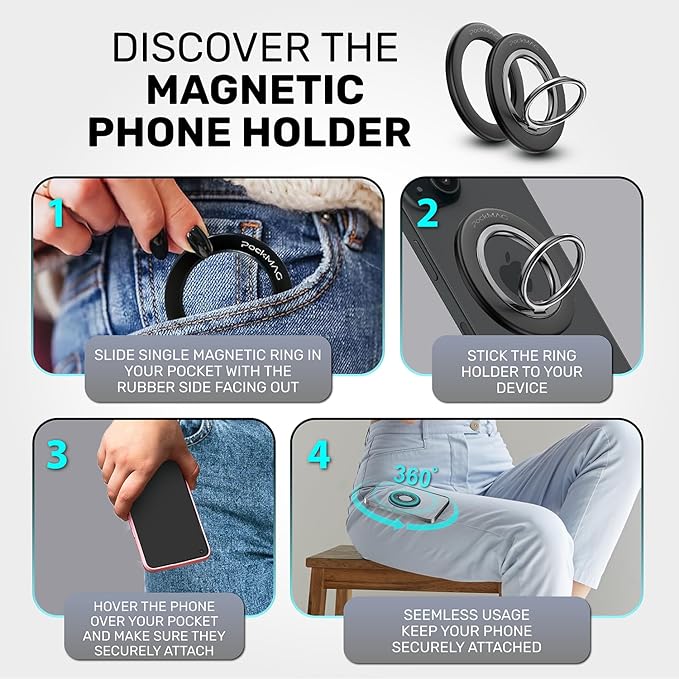 Ultra-Strong Magnetic Phone Ring Holder for MagSafe ??360° Rotation, Dual-Sided Finger Ring Grip & Kickstand ??Compatible with iPhone 16 Pro Max 15 14 13 12 Mag Safe Accessories (Misty Black)