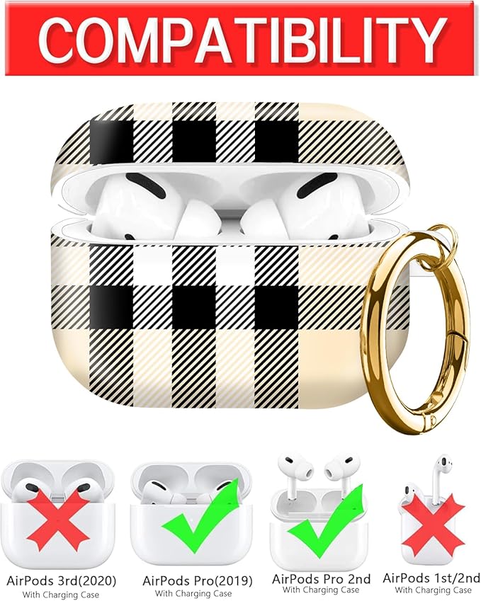 Compatible with AirPod Pro Case 2nd/1st Gen (2023/2022/2019),Shockproof Protective Cover with Keychain for Women,Cute Charging Case for Airpod Pro 2/1(Beige Plaid)