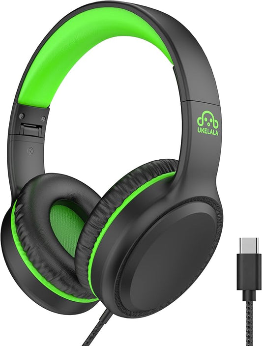 Wired Headphones with Type C Cable for Boys Girls Kids Youth, USB-C Headphones Lightweight Portable Compatible with Pad Phone for Adults Student Children Black Green