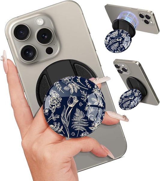 Kidcube Magnetic Phone Grip Compatible with Magsafe - Cell Phone Grip Stand Ring Holder Magnet Kickstand Removable Accessories for iPhone 16 Pro Max/16/15/14/13/12 Series Women Cute Blue Floral