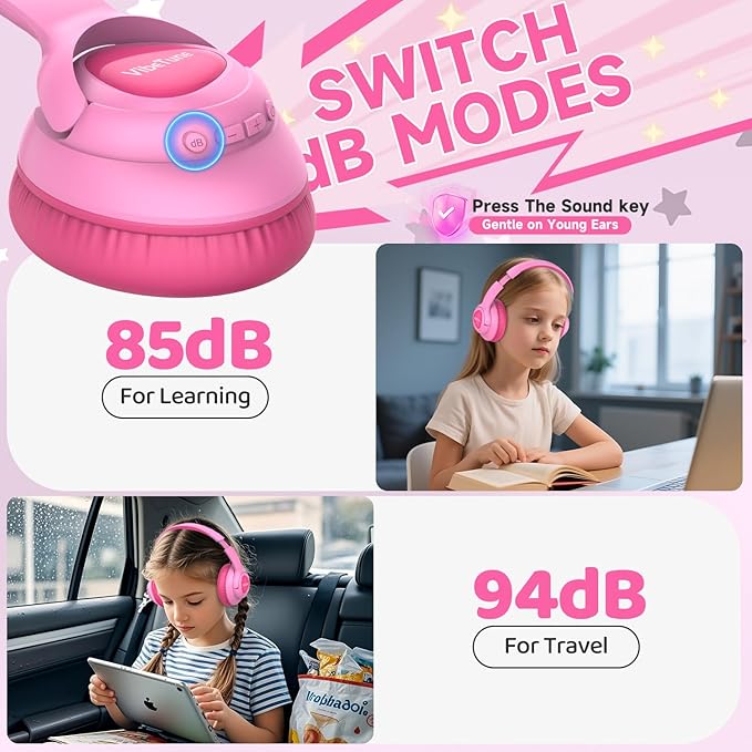 VibeTune Kids Bluetooth Headphones, 60H Playtime, Volume Limited 85/94dB, Bluetooth 5.4, Type-C Fast Charging, Foldable Wireless Headphones for Kids, Toddler Headsets with HD Mic-Pink