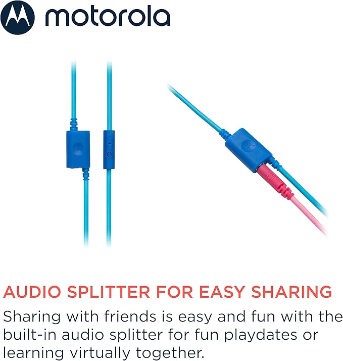 Motorola Sound Moto JR200 Headphones for Kids with Microphone - Over Ear Kid Headphones with Safe Volume Limit 85dB, Audio Splitter - Kids Wired Headphones for School, Home - Blue
