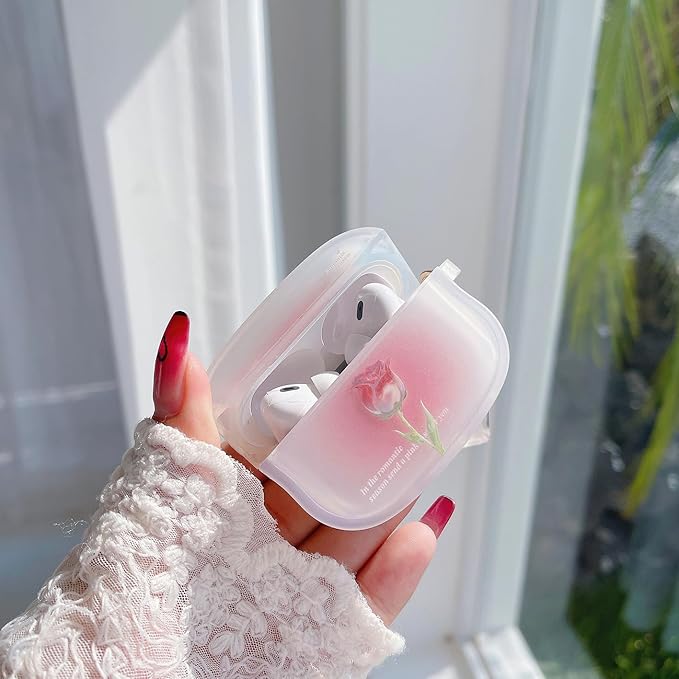 Compatible with Airpod Pro 2 / Airpod Pro Case Cute Aesthetic Romantic Rose Flower with Keychain Clear Frosted Protective Cover for Girls Women (Rose Pink)