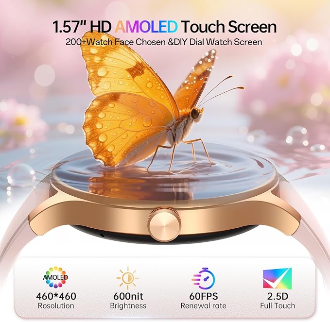 Smart Watch for Women,1.57inch AMOLED Touchscreen Fitness Watch for iPhone & Android,Heart Rate/Sp02/Sleep Monitor,110+ Sport Modes IP68 Waterproof Bluetooth Calls,2 Bands (Pink, 1.57)