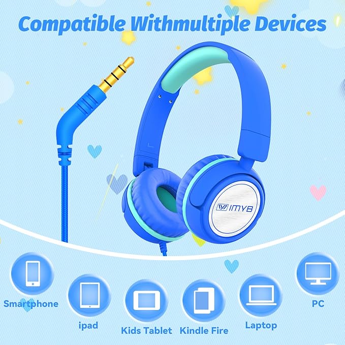 V1 Kids Headphones, Wired Stereo Foldable Tangle-Free 3.5mm Adjustable On-Ear Headphones for Kids for School/Toddlers/Childrens/Teens/Boys/Girls/Ipad/Tablet/Kindle/Phones/Travel/Plane (Blue-RV)