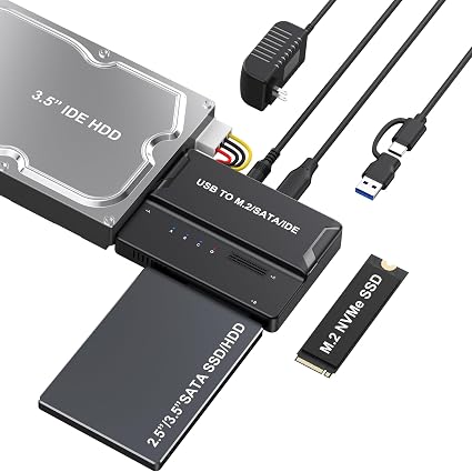 Universal 3-in-1 Hard Drive Enclosure - Tool-Free USB 3.2 10Gbps Type-C Adapter for NVMe M.2 (2230-2280), 2.5"/3.5" SATA & IDE HDDs, External SSD Reader for 3.5" IDE Drives