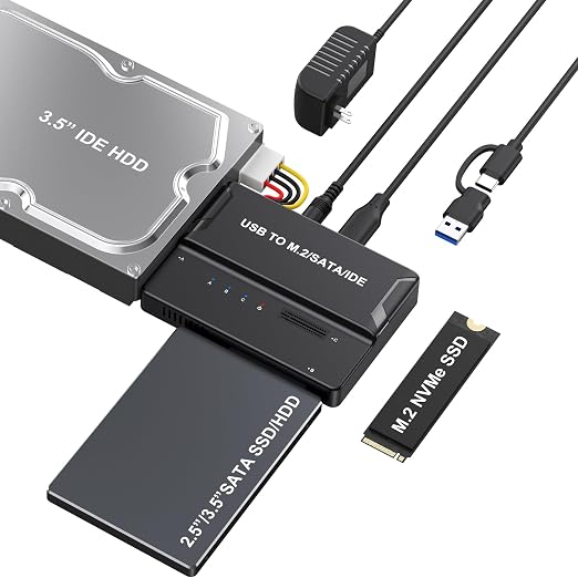 Universal 3-in-1 Hard Drive Enclosure - Tool-Free USB 3.2 10Gbps Type-C Adapter for NVMe M.2 (2230-2280), 2.5"/3.5" SATA & IDE HDDs, External SSD Reader for 3.5" IDE Drives