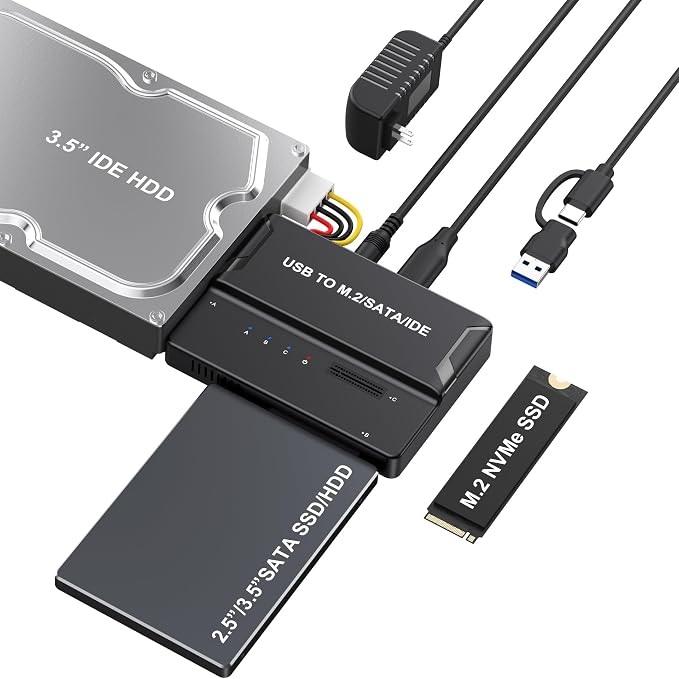 Universal 3-in-1 Hard Drive Enclosure - Tool-Free USB 3.2 10Gbps Type-C Adapter for NVMe M.2 (2230-2280), 2.5"/3.5" SATA & IDE HDDs, External SSD Reader for 3.5" IDE Drives