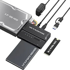 Universal 3-in-1 Hard Drive Enclosure - Tool-Free USB 3.2 10Gbps Type-C Adapter for NVMe M.2 (2230-2280), 2.5"/3.5" SATA & IDE HDDs, External SSD Reader for 3.5" IDE Drives