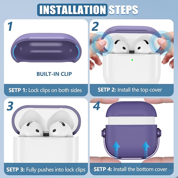 with Safety Lock for Airpods 4 Case, TPU Case for Apple Airpods 4 Case 2024 USB-C with Cleaner Kit, Drop Protection Airpods 4 Case Cover with Lock and Keychain, Charm Purple
