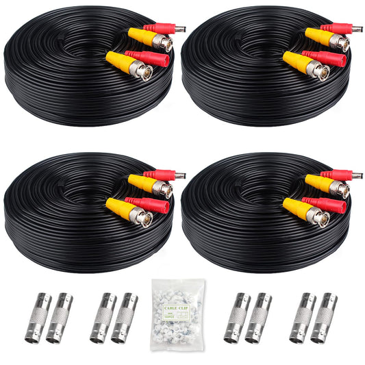 4x200ft BNC Cable All-in-One Siamese Video and Power Security Camera Cable Extension Wire Cord with 2 Female Connectors for All Max 5MP HD CCTV DVR Surveillance System, 200ft 4pack Cable, Black