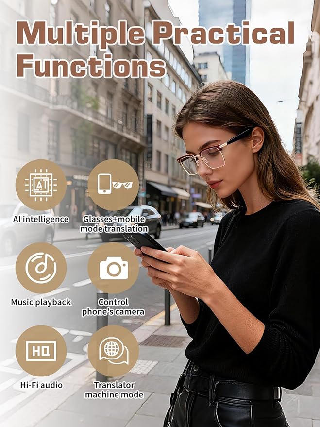Bluetooth Glasses for Women & Men, AI Smart Glasses with Translation Open-Ear Speaker Blue Light Blocking Lenses Audio with Bluetooth Speakers for Driving, Travel, Work