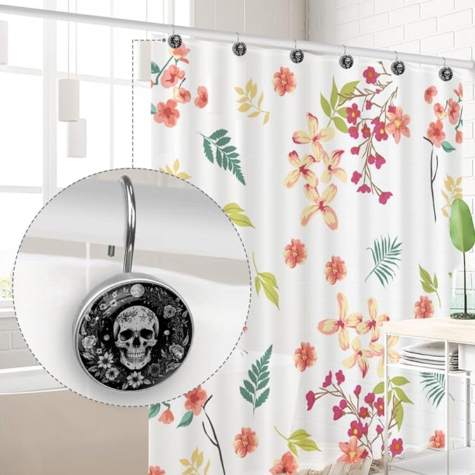 12 Packs Gothic Skull and Floral Shower Curtain Hooks, Stainless Steel Glass Shower Curtain Rings for Bathroom Decor, Metal Rustproof Curtain Rod Hooks
