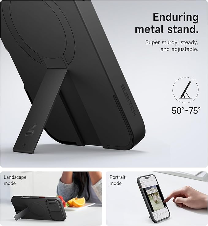 SURITCH for iPhone 16 Plus Case with Magnetic Camera Slide Cover and Adjustable Kickstand, Compatible with MagSafe, Shockproof Bumper Case Slim Protective Cover for iPhone 16 Plus 6.7 Inch, Black