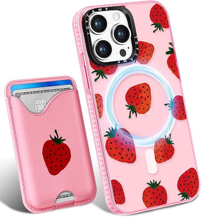 Toycamp for iPhone 15 Pro Max Case - Compatible with Magsafe Credit Card Holder Wallet Magnetic Cute Women Teen Girls Kawaii Girly Unique Strawberry Design Phone Cover for Apple 15 Promax 6.7"