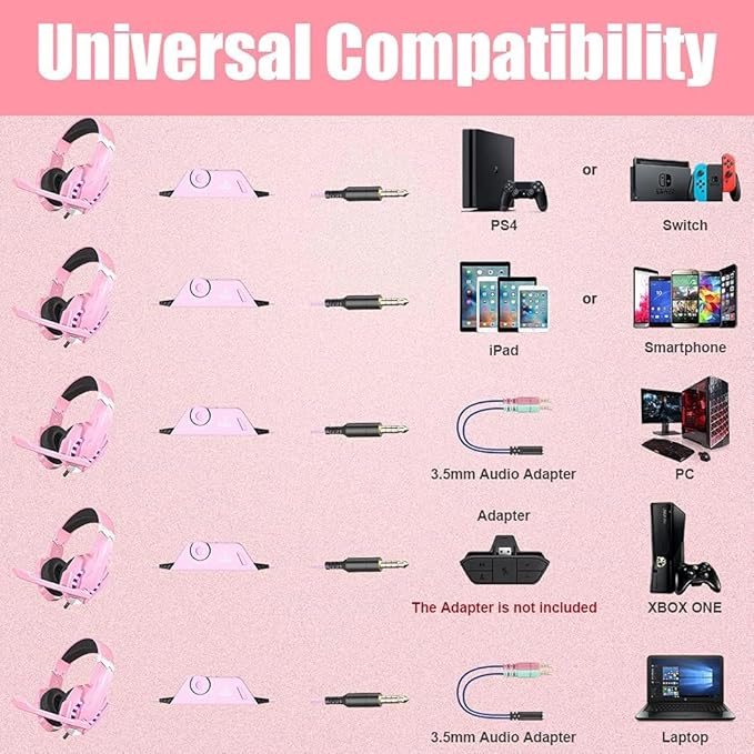 BENGOO G9000 Professional Gaming Headset for PS4, PC, Xbox One Controller, Noise Cancelling Over Ear Headphones with Mic, LED Light, Bass Surround, Soft Memory Earmuffs for Laptop - Pink