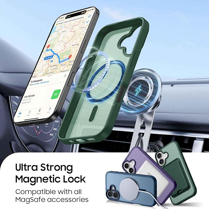 Magnetic for iPhone 16 Plus Case with Card Holder, Compatible with MagSafe, Slim Shockproof Phone Cover with Detachable Wallet, Built-in Magnet Ring, Green