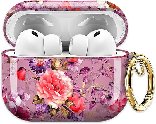Cute Hard Case Compatible with AirPods Pro 3rd Generation Case (2025), Shockproof Protective Cover with Golden Keychain Ring Clip (Pink Flower)