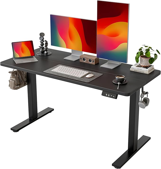 TIQLAB Electric Standing Desk, Adjustable Height Stand up Desk, 55 * 28 Inches Sit Stand Home Office Table with Splice Board, Black