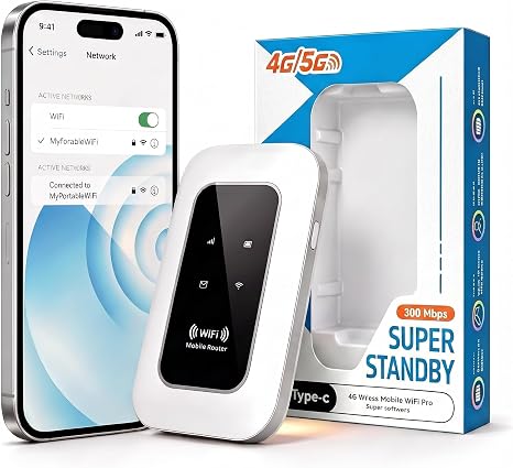 4G LTE Portable WiFi Router, Unlocked Mobile Hotspot with SIM Card Slot, Wireless Internet Travel Modem for RV Camping, Remote Work, and Road Trips, Up to 300 Mbps High-Speed Connection