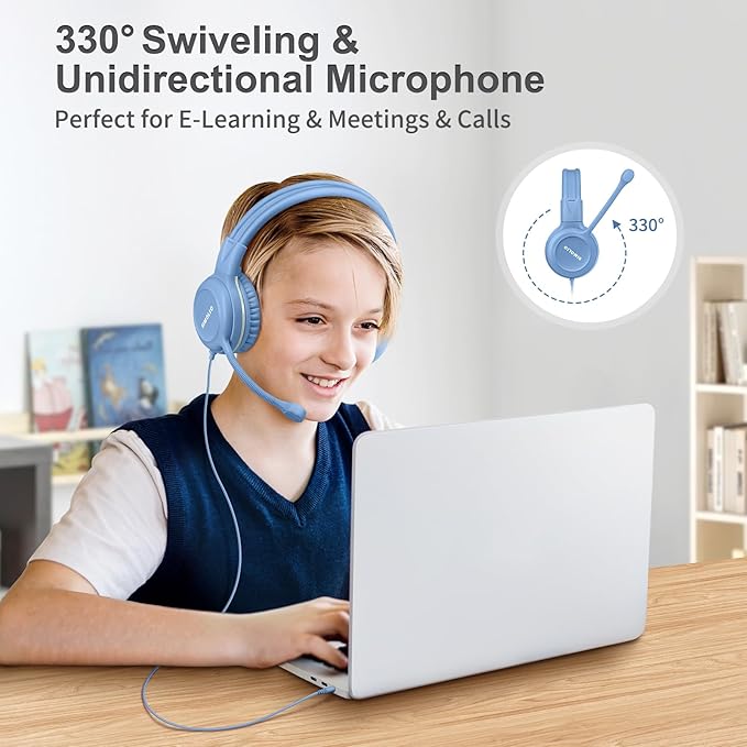 SIMOLIO Kids Headphones Wired with Flexible Rotatable Microphone for Virtual School & Gaming, Safe Volume Cord Headphone for Boys, Teens, Children, Durable Lightweight Folding Headset for PC, Xbox