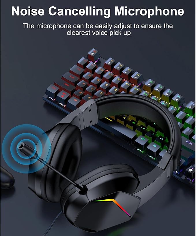 Cuifati USB Gaming Headset with Microphone 7.1 Surround Sound Noise Cancelling Headphones with RGB Lighting 40mm Drivers Memory Foam Ear Cushions for PC Call Center Online Classes (Black)