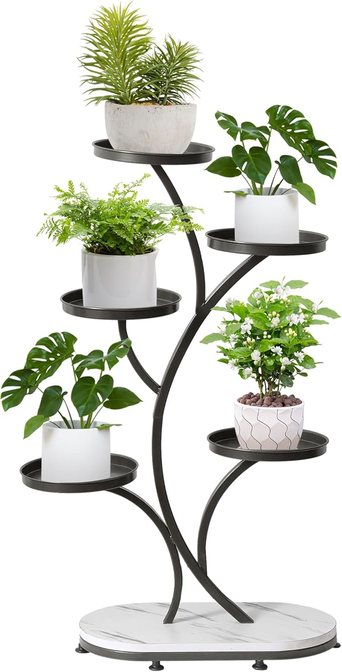 Black 5 Tier Wood Metal Tall Shelf Multiple Plant Holders Plant Stand for Indoor, Outdoor, Corner, Living Room, Balcony, and Bedroom