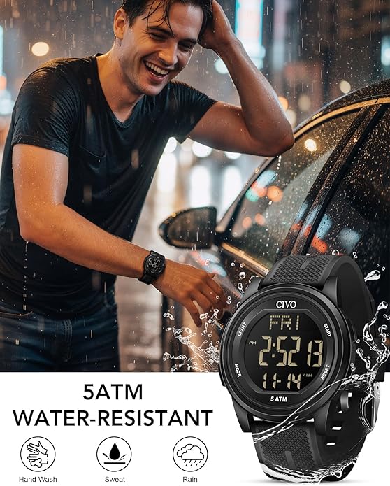 CIVO Digital Watches for Men Women: Sports Waterproof Wristwatch with Stopwatch Alarm Date - LED Backlight Big Numbers Silicone Watch for Outdoor Camping Running Cycling