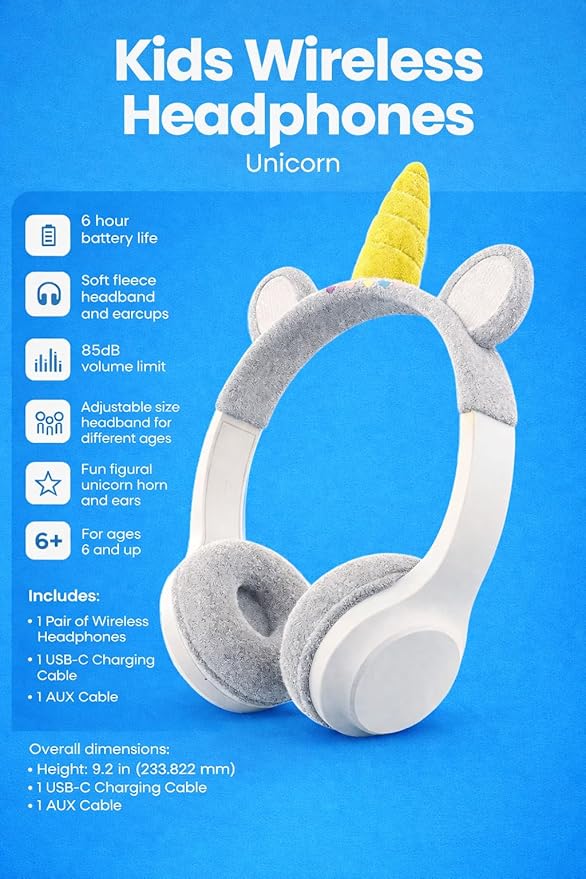 Kids Wireless Bluetooth Headphones Unicorn – Over-Ear Headset for Children, 85dB Volume Limit, Soft Earmuffs, Adjustable Headband, White & Gray