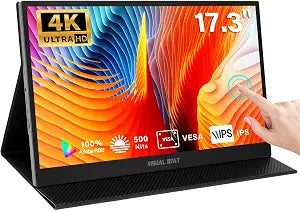 17.3'' 4K Portable Touchscreen Monitor, UHD 500Nits 100% AdobeRGB IPS HDR Travel Display, USB, Type-C & HDMI, Dual Speakers, VESA & Smart Cover - for Laptop PC Phone PS4/5 Xbox etc.