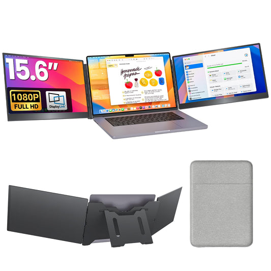 Upperizon Portable Monitor Foldable Dual Screen 15.6 inch FHD 90% sRGB 60Hz IPS USB-C Travel Monitor for Laptop Mac Windows, DisplayLink Triple Screen Extender with Kickstand