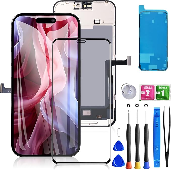 for iPhone 15 Pro Max Screen Replacement Black 6.7 Inch, LCD Touch Digitizer Complete Display for A2849, A3105, A3106, A3108,with Waterproof Seal+Tempered Glass+Repair Tools