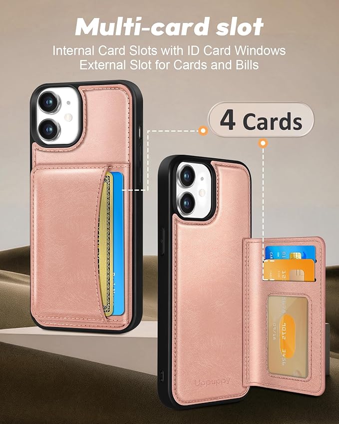 for iPhone 11 Case with Wallet - Fits 4 Card Slots, Compatible with MagSafe for Women Aesthetic Durable PU Leather Credit Card Holder Kickstand Phone Cover for Apple 11, Rose Gold