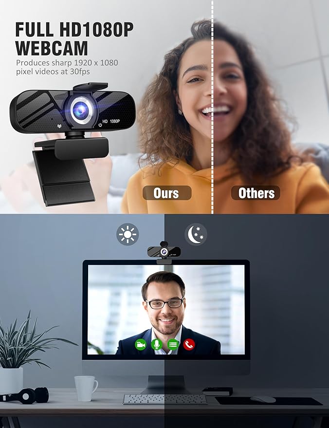 1080P HD Webcam with Built-in Microphone, Rotatable Tripod, Wide-Angle Lens,Privacy Cover, Auto Light Correction, Plug & Play USB-A Webcam for Laptop, Desktop, PC, Streaming-Black