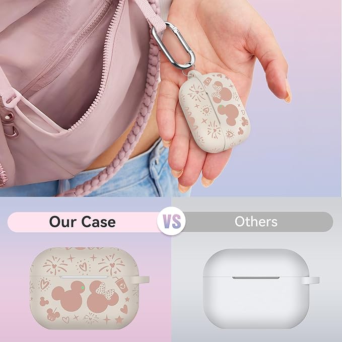 Compatible with Airpods Pro 2nd/1st Generation Case Cover with Keychain, Women Men Soft Silicone Two-Tone Cute Cartoon Engraved Convenience Protective Case, Front LED Visible Starlight/Pink
