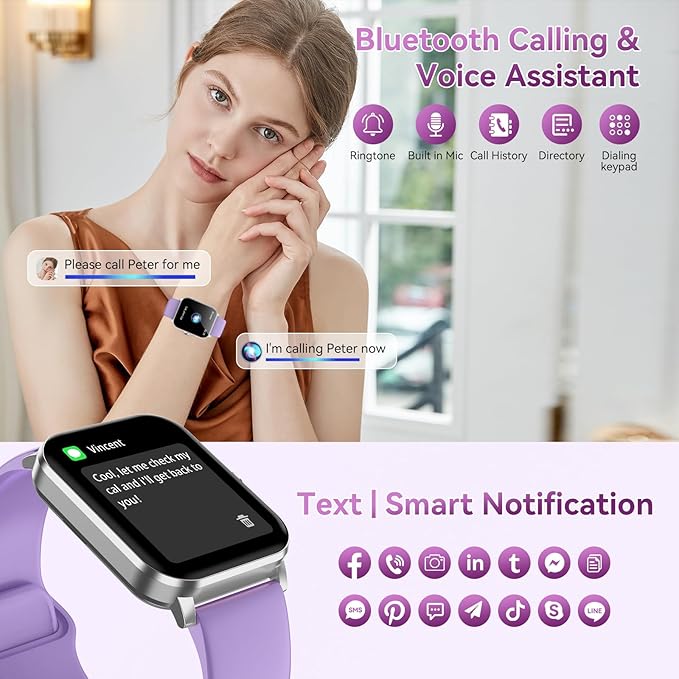 Smart Watch for Men Women, 120+ Sports Modes, Bluetooth Calls/Messages, 1.85" HD Touch Screen, IP68 Waterpro of Fitness Tracker with Heart Rate/Sleep Monitor, Compatible with Android/iOS (Purple)