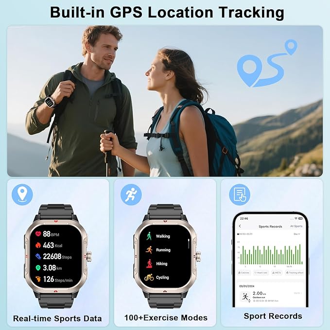 Smart Watch for Men Women GPS, Military 2.06" Fitness Tracker with Bluetooth Calling, Smartwatch Heart Rate Sleep SpO2 Step Counter, Voice Assistant, Activity Tracker 100+ Sport Modes for Android iOS