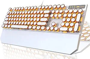 Camiysn Typewriter Style Mechanical Keyboard, Retro Punk Gaming Keyboard with Gold LED Backlit, Cute Wired Keyboards,104 Keys Full Size Keyboards, Uique Round Keycaps for Windows/Mac/PC(White&Gold)