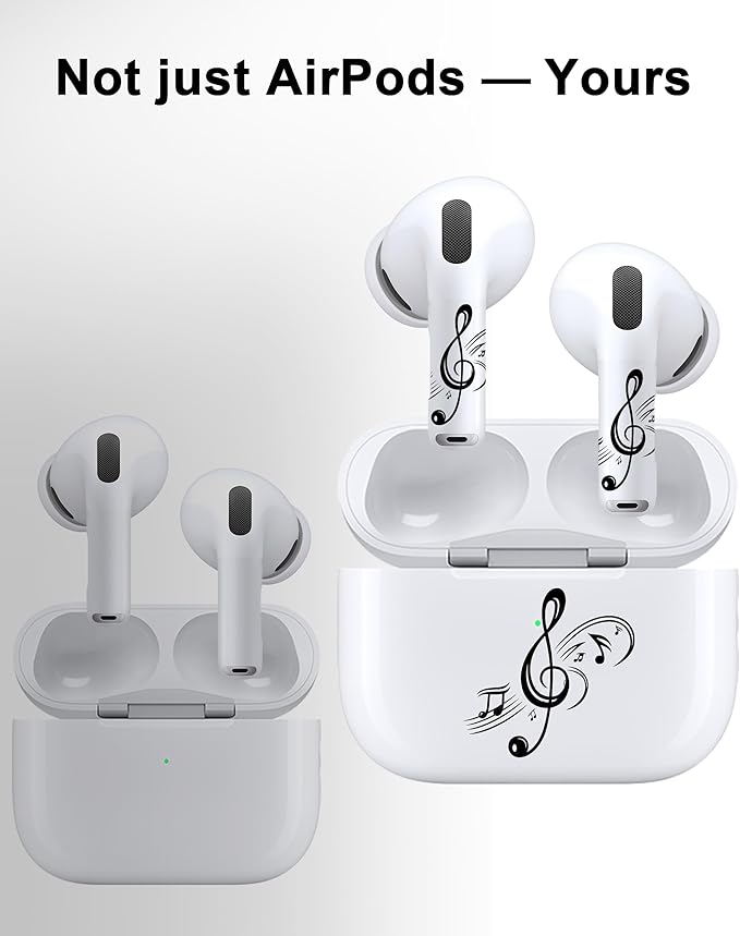 ROCKMAX for AirPods Sticker Skin Set, Earbud + Charging Case Wrap Decals with Applicator & Spare, Fits AirPods 1/2/3/4 & Pro/Pro 2/Pro 3, No Interference – Musical Notes Treble Clef