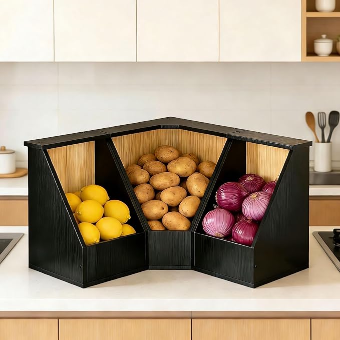 Jolitac Wood Pantry Storage Bins, Potato and Onion Storage Bin for Pantry and Kitchen Counter Multipurpose Organization Containers for Produce, Fruits, Vegetable, Set 3 Pieces