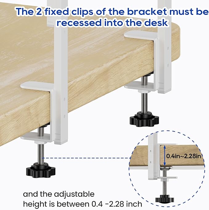 Clamp On Desk Shelf 2-Tier, Wood Shelving Unit for Office Desk/Gaming Accessories, Tabletop Book Storage Rack, Shelf for Top of Desk, Grey