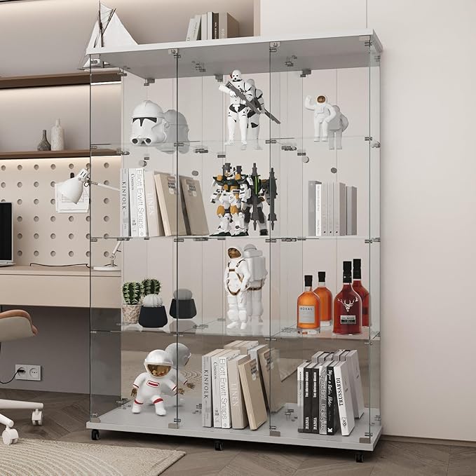 LFT HUIMEI2Y Glass Display Cabinet 12 Shelves with 3 Columns 2 Doors, Mirror Back Panel and Lock, Curio Cabinets Quick-Install Style Tempered Glass Bookshelf for Living Room, Kitchen White