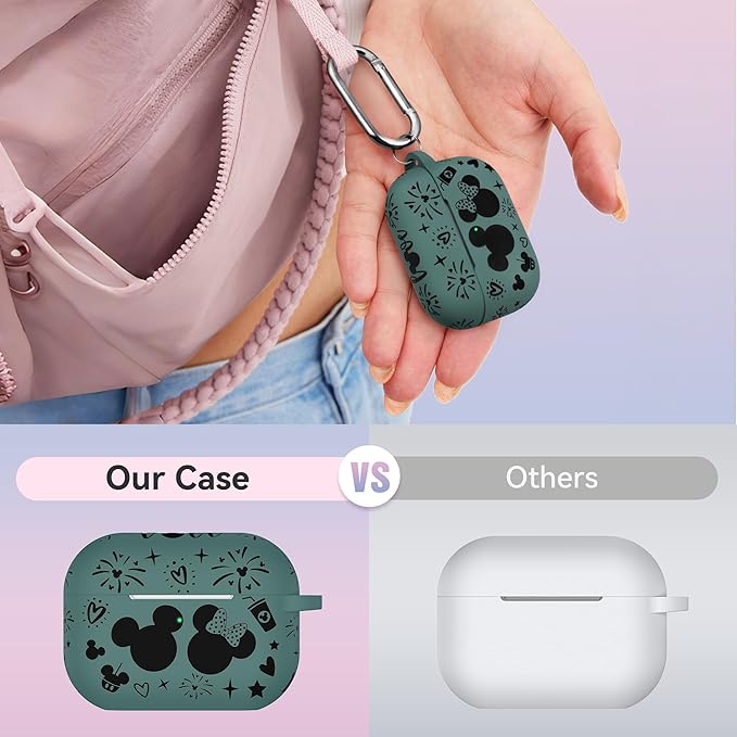 Compatible with Airpods Pro 2nd/1st Generation Case Cover with Keychain, Women Men Soft Silicone Two-Tone Cute Cartoon Engraved Convenience Protective Case, Front LED Visible Green/Black