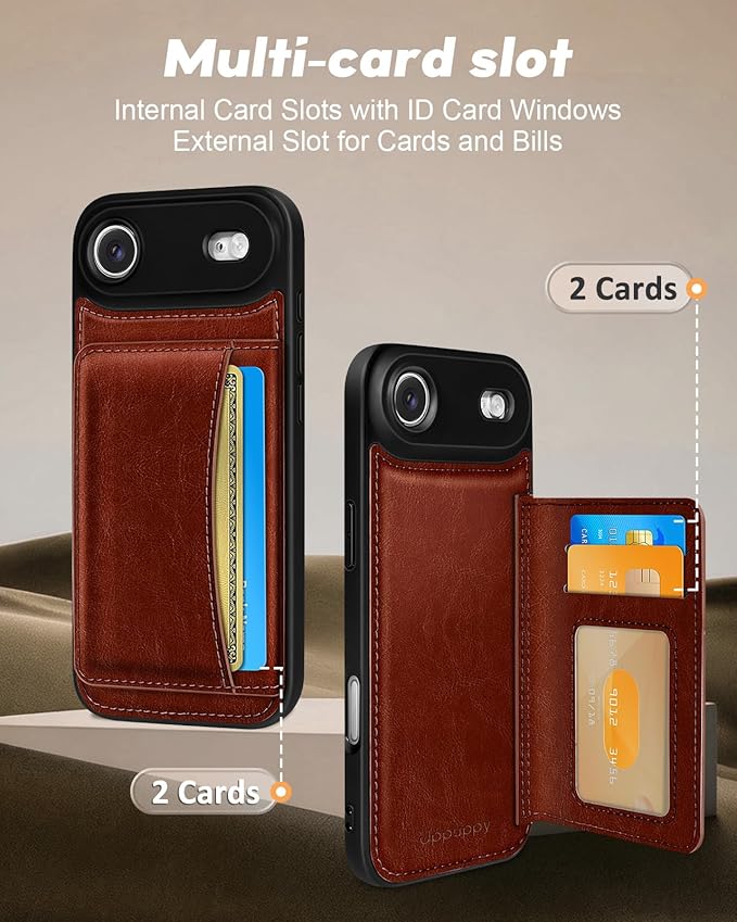 for iPhone 17 Air Case with Wallet - Fits 4 Card Slots, Compatible with MagSafe for Women Men Durable PU Leather Credit Card Holder Kickstand Phone Cover for Apple 17 Air, Brown