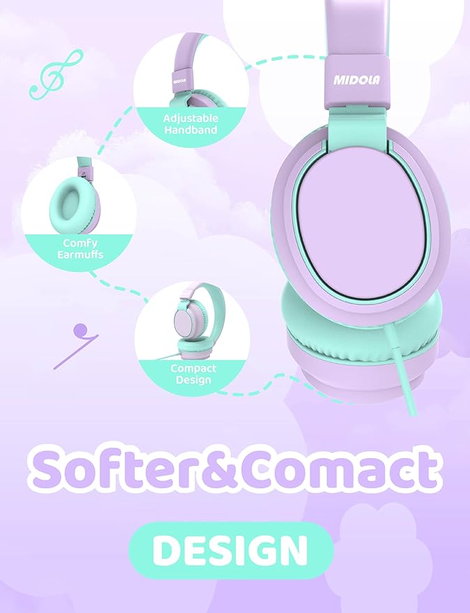 MIDOLA Headphone Kids Volume Limited 85/110dB Wired Over-Ear/On-Ear Foldable Headset with Inline Cable AUX 3.5mm Cord Mic for Boy Girl Child PC Notebook Tablet Light Purple